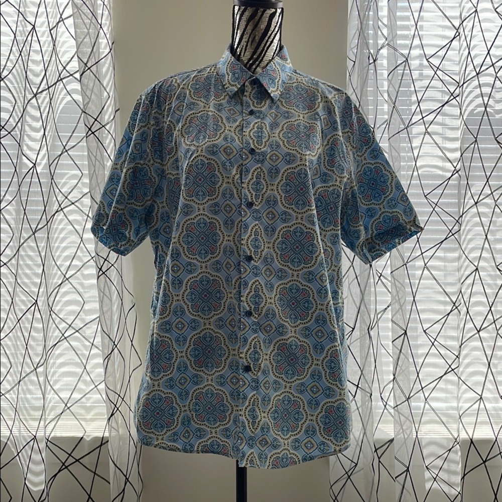 Men's Blue Patterned Short Sleeve Shirt Size XL